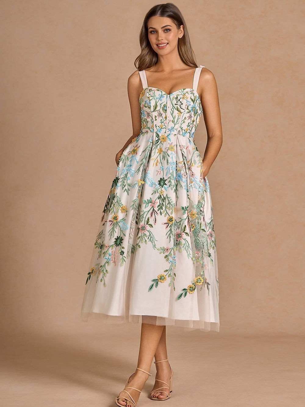 Azazie Aurelie 3D Floral Embroidered Tea-Length Dress - Pale Pink